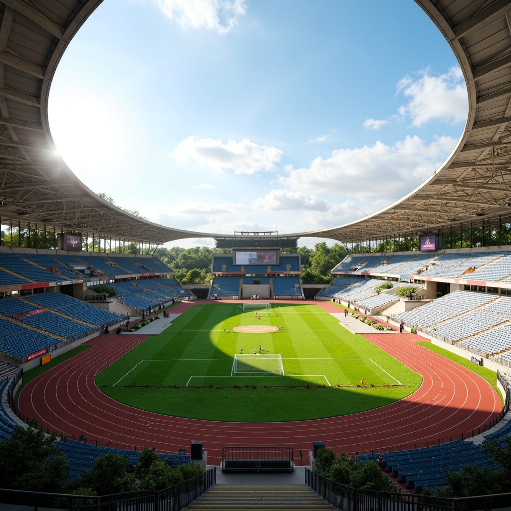 Prompt: Athletic track, lush green grass, vibrant sports equipment, goalposts, scoreboards, spectator stands, modern stadium architecture, curved lines, dynamic shapes, open spaces, natural ventilation, abundant sunlight, soft warm lighting, shallow depth of field, 3/4 composition, panoramic view, realistic textures, ambient occlusion, fluid player movement, efficient circulation paths, clear signage, intuitive wayfinding, accessible amenities, comfortable seating areas.