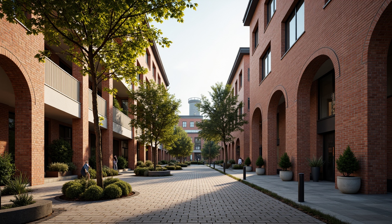 Prompt: Rustic brick buildings, modern masonry techniques, textured stone walls, ornate archways, grand entrance gates, intricate stonework patterns, earthy color palette, natural materials, sustainable architecture, eco-friendly design, green roofs, living walls, urban landscape, cityscape views, dramatic lighting effects, high-contrast shadows, 1/2 composition, symmetrical framing, warm golden hour lighting, realistic textures, ambient occlusion.