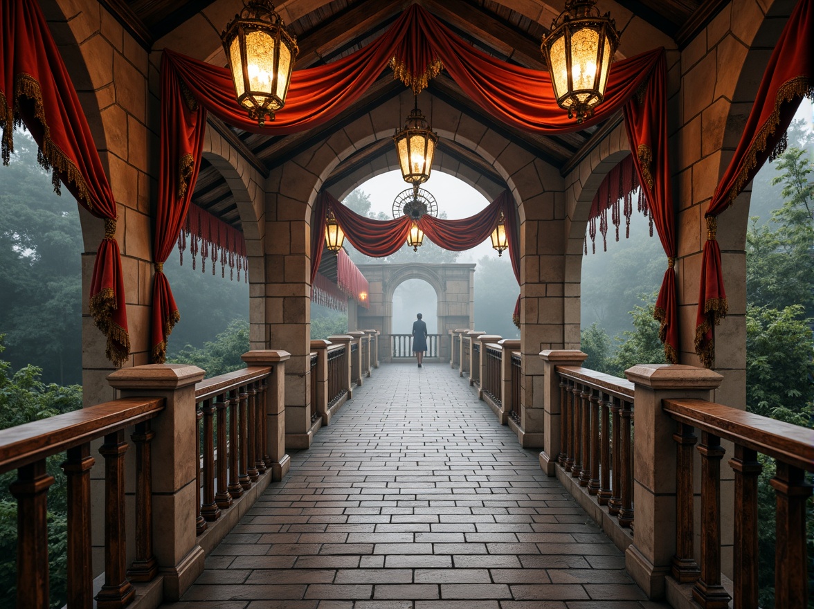 Prompt: Ornate Baroque bridge, rustic stone arches, intricately carved balustrades, polished bronze railings, ornamental lanterns, weathered copper roofing, distressed wooden decking, rich velvet draping, gilded accents, lavish crystal chandeliers, soft warm lighting, misty atmospheric effects, shallow depth of field, 1/2 composition, cinematic view, realistic textures, ambient occlusion.