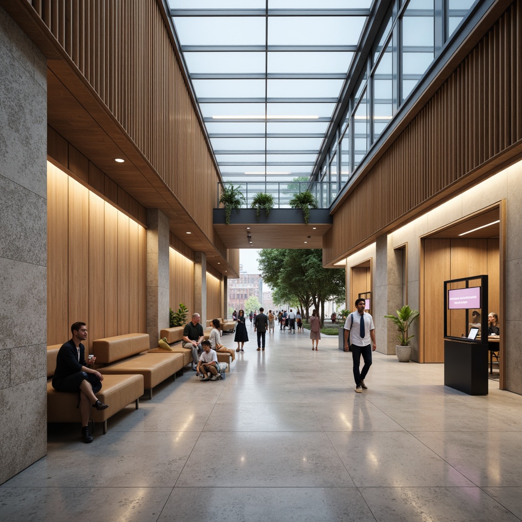 Prompt: Minimalist visitor center, natural stone walls, polished concrete floors, wooden accents, industrial metal beams, large glass windows, transparent roofs, open spaces, simple signage, subtle branding, earthy color palette, soft diffused lighting, shallow depth of field, 1/1 composition, realistic textures, ambient occlusion.