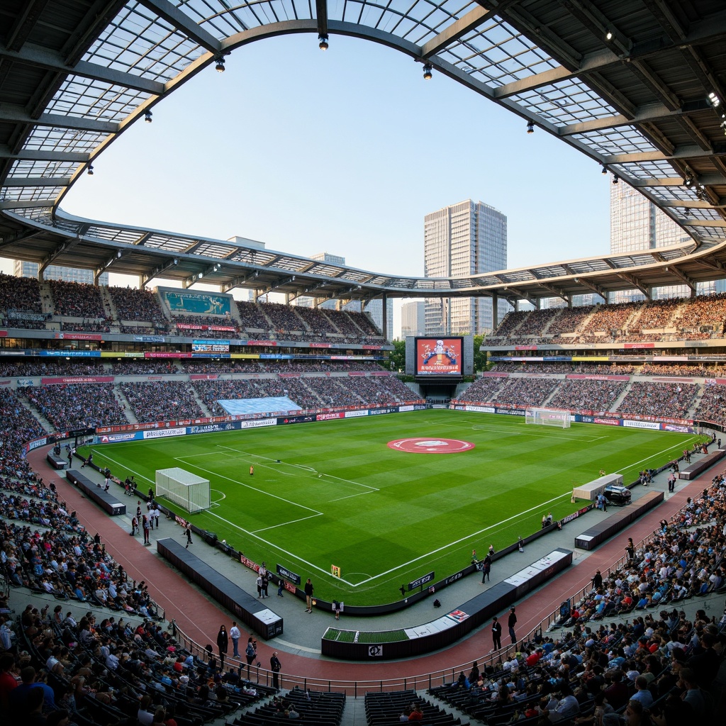 Prompt: Vibrant soccer stadium, open-air seating, lush green grass, athletic tracks, modern architecture, sleek metal beams, transparent roofs, natural ventilation systems, spacious concourses, dynamic lighting effects, evening ambiance, shallow depth of field, 3/4 composition, panoramic view, realistic textures, ambient occlusion, urban cityscape, bustling streets, vibrant street art, eclectic food vendors, lively atmosphere.