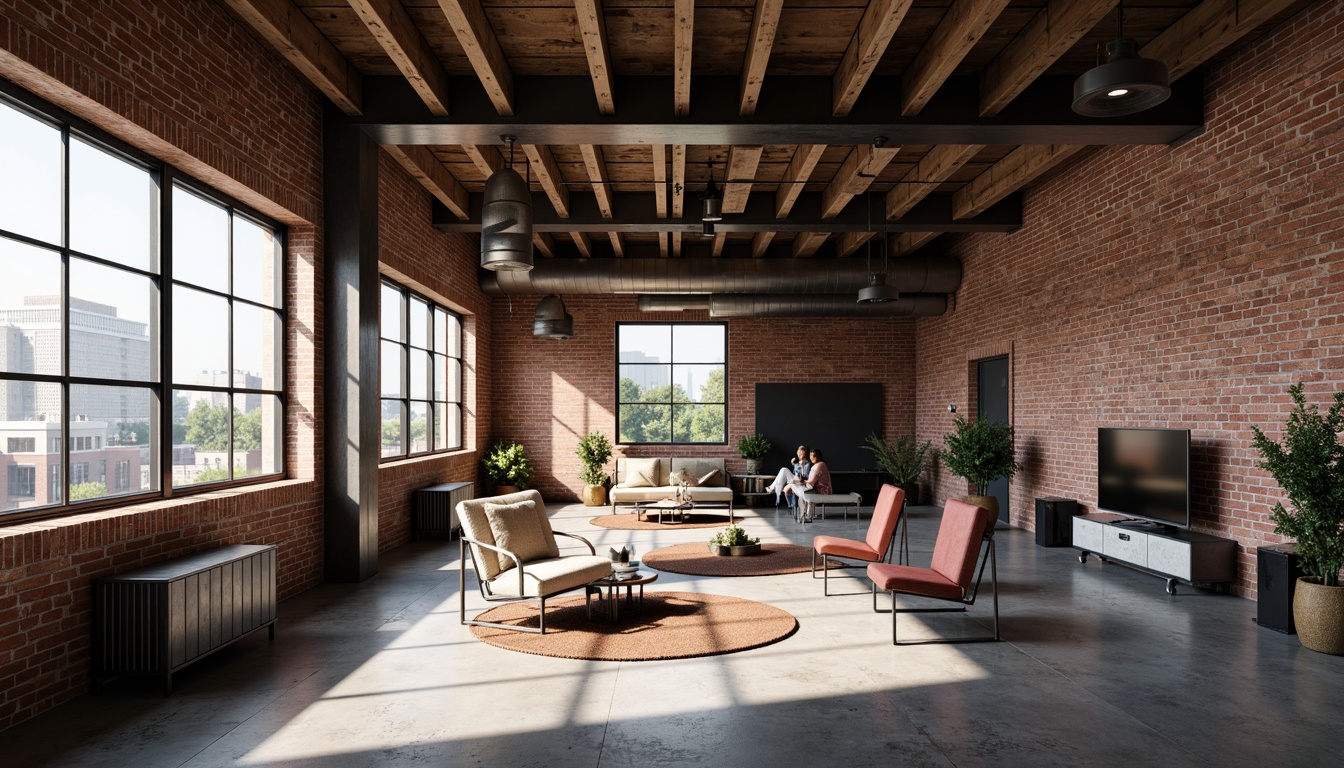 Prompt: Exposed brick walls, metal beams, reclaimed wood accents, industrial-style lighting fixtures, concrete floors, urban loft atmosphere, modern minimalist decor, sleek metal furniture, functional pipes, distressed finishes, edgy architectural details, cityscape views, gritty textures, high ceilings, open floor plans, natural light pouring in, dramatic shadows, 3/4 composition, low-key color palette, realistic renderings.