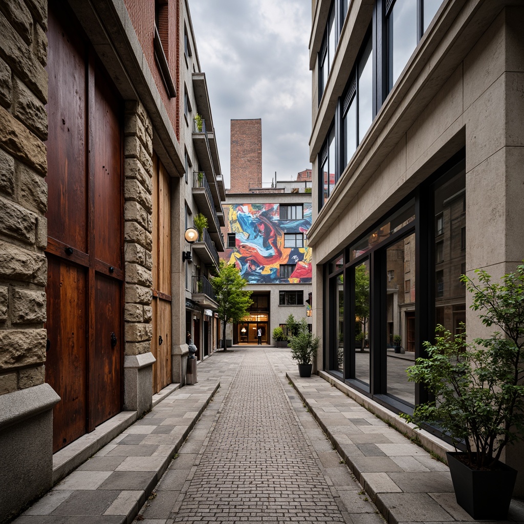 Prompt: Rough stone walls, weathered wooden planks, rusty metal cladding, smooth concrete floors, intricate tile patterns, vibrant colorful murals, natural brick facades, ornate stucco details, distressed finishes, industrial chic aesthetic, urban cityscape, cloudy grey sky, dramatic spotlighting, high contrast shadows, 1/1 composition, symmetrical framing, realistic material textures, ambient occlusion.