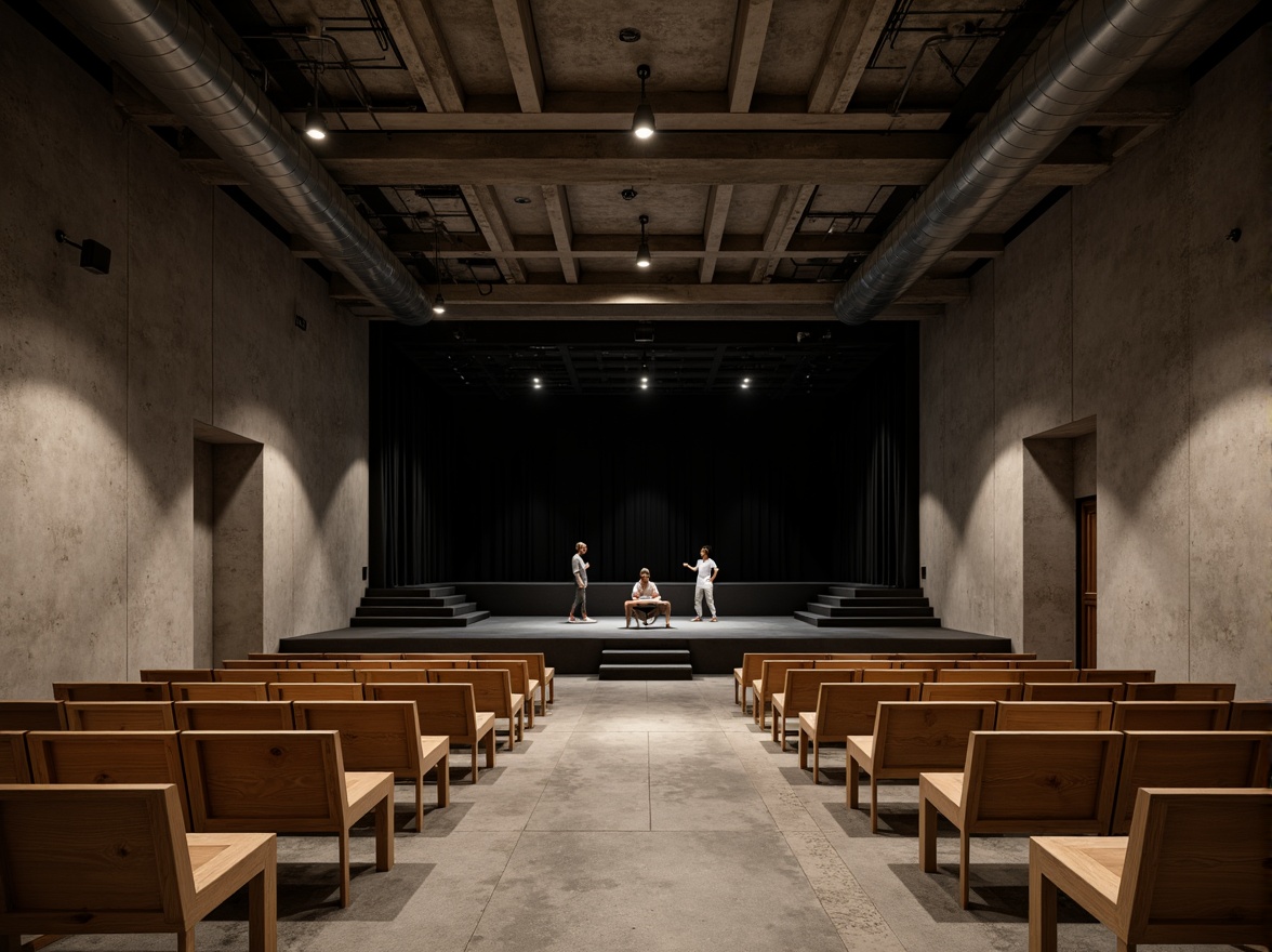 Prompt: Minimalist theater interior, concrete floors, industrial metal beams, exposed ductwork, simple wooden seats, sleek black stage, subtle LED lighting, dramatic spotlights, acoustic panels, sound-absorbing materials, neutral color palette, monochromatic tones, clean lines, minimal ornamentation, functional simplicity, urban loft atmosphere, high ceilings, open space, flexible seating arrangements, movable partitions, versatile performance areas, warm ambient glow, soft shadows, 1/1 composition, realistic textures, subtle reflections.