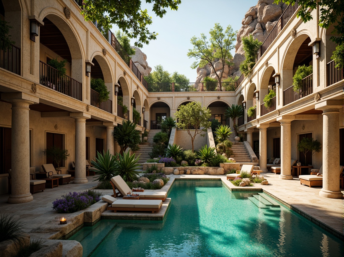 Prompt: Romanesque pool, ornate stone carvings, curved arches, grand columns, intricate mosaics, turquoise water, lush greenery, natural rock formations, rustic wooden bridges, vintage lanterns, warm golden lighting, shallow depth of field, 1/1 composition, symmetrical view, realistic textures, ambient occlusion.