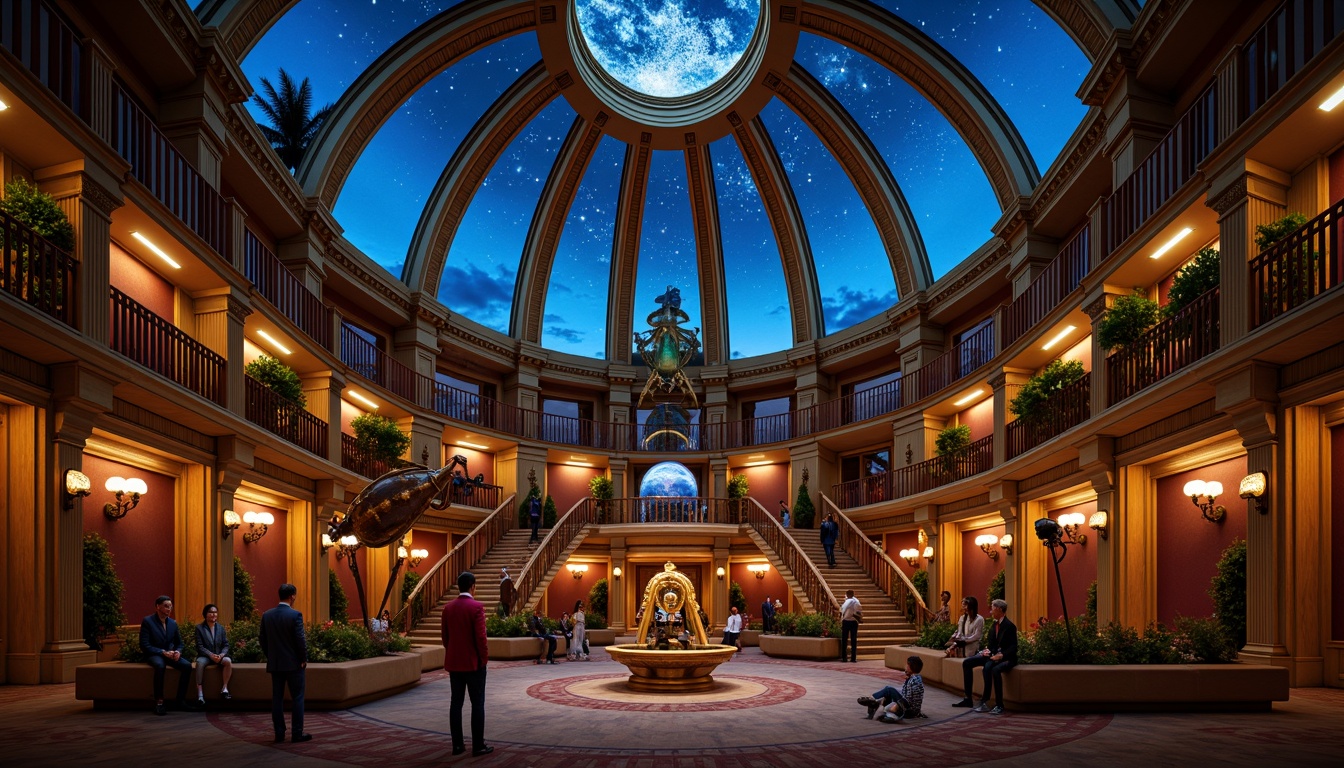 Prompt: Celestial dome structure, starry night sky, twinkling lights, romantic ambiance, soft warm glow, grandiose architecture, ornate details, Baroque-inspired design, sweeping curves, majestic proportions, luxurious materials, velvet drapes, golden accents, intricate frescoes, astronomical instruments, antique telescopes, mysterious shadows, dramatic lighting, 1/1 composition, shallow depth of field, cinematic atmosphere.