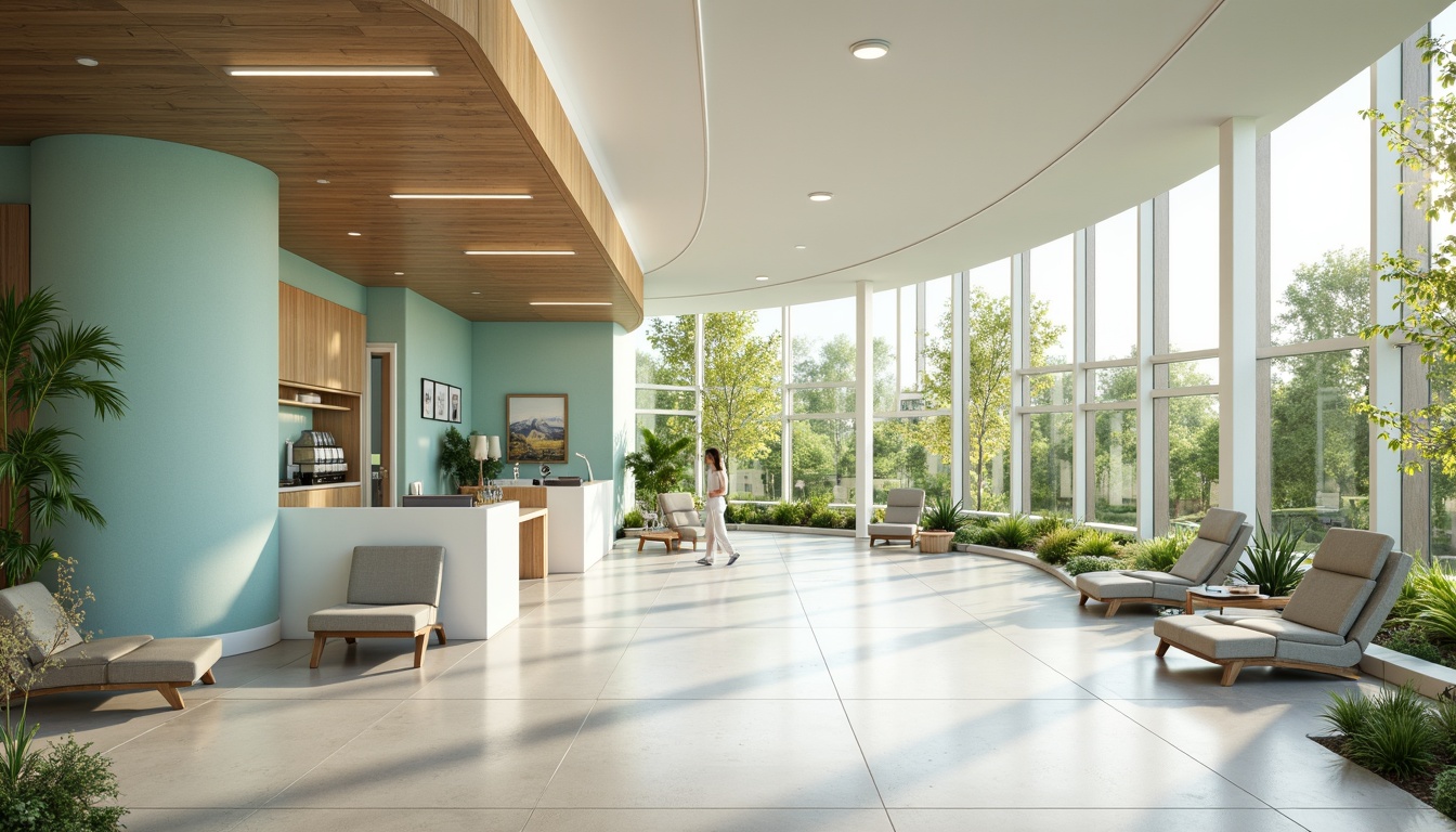 Prompt: Soothing medical clinic, calming atmosphere, gentle curves, natural wood accents, soft blue-green hues, creamy whites, warm beige tones, subtle texture patterns, minimalist decor, modern furniture designs, ample natural light, floor-to-ceiling windows, lush greenery views, serene ambiance, shallow depth of field, 1/1 composition, realistic renderings, ambient occlusion.