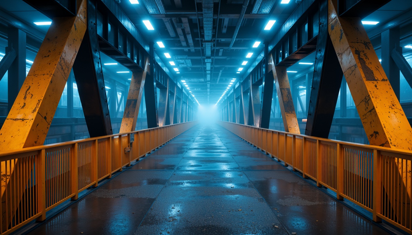 Prompt: Modern urban bridge, sleek metal structure, bold industrial colors, dark grey steel beams, bright orange accents, vibrant yellow safety rails, cool blue LED lighting, misty atmospheric effects, shallow depth of field, 1/1 composition, realistic metallic textures, ambient occlusion.