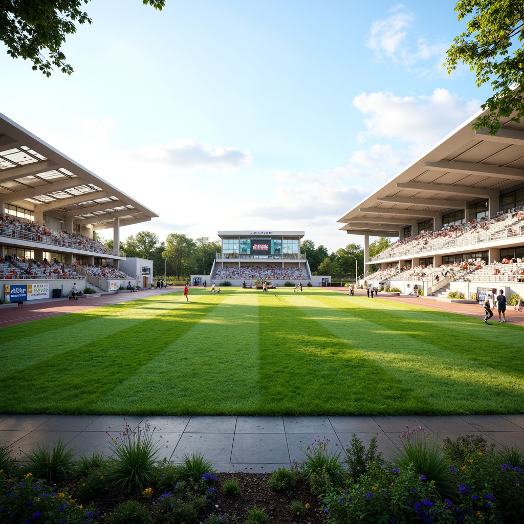 Prompt: Athletic track, lush green grass, vibrant sports equipment, goalposts, scoreboards, spectator stands, modern stadium architecture, sleek metal bleachers, transparent glass railings, dynamic angular lines, functional minimalist design, efficient crowd circulation, accessible entrances, intuitive wayfinding, natural stone pathways, shaded areas, misting systems, warm sunny day, soft diffused lighting, shallow depth of field, 3/4 composition, panoramic view, realistic textures, ambient occlusion.