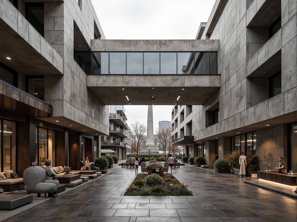 Prompt: Rustic brutalist architecture, exposed concrete walls, rough stone textures, metallic accents, industrial materials, minimalist decor, functional design, urban cityscape, overcast sky, dramatic shadows, high-contrast lighting, 1/1 composition, symmetrical framing, abstract geometric patterns, monochromatic color scheme, weathered steel beams, raw wood elements, distressed finishes, brutalist sculptures, avant-garde art installations.