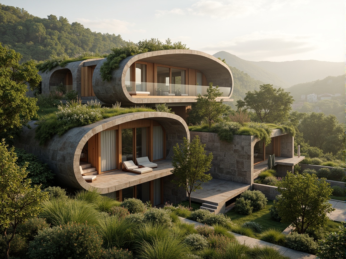 Prompt: Harmonious building facade, lush green roofs, verdant walls, natural stone cladding, wooden accents, large windows, sliding glass doors, minimalist design, seamless indoor-outdoor transition, organic architecture, curved lines, earthy color palette, serene atmosphere, soft warm lighting, shallow depth of field, 3/4 composition, panoramic view, realistic textures, ambient occlusion, surrounding landscape, rolling hills, meandering paths, native plant species, seasonal changes, misty morning, warm sunny day.