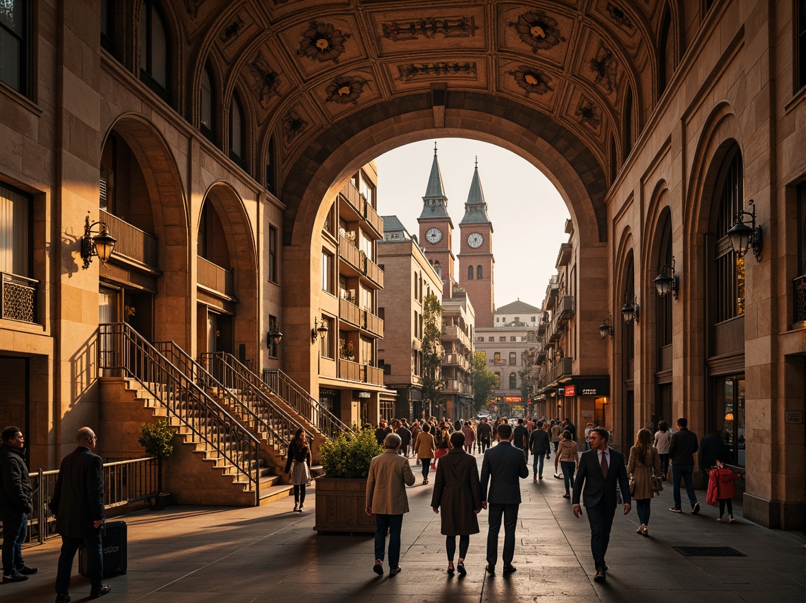 Prompt: Grand archways, ornate columns, vaulted ceilings, intricate stone carvings, warm golden lighting, bustling metro station, Romanesque style architecture, rustic brick walls, grand staircases, elegant balconies, ornamental ironwork, vintage advertisements, classic clock towers, busy pedestrian traffic, shallow depth of field, 1/2 composition, realistic textures, ambient occlusion.