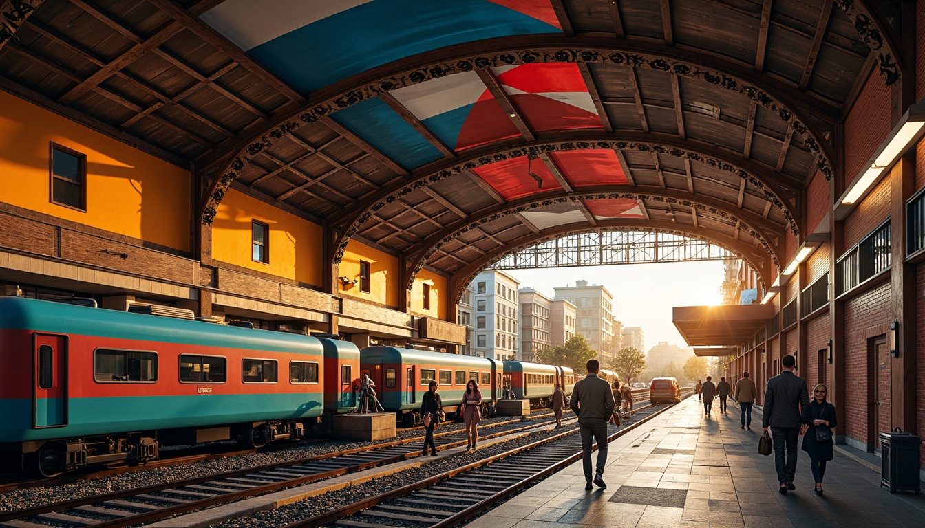 Prompt: Vibrant train station, expressionist architecture, bold geometric shapes, bright primary colors, contrasting secondary hues, industrial metal beams, exposed brick walls, distressed concrete textures, urban cityscape, bustling streets, morning rush hour, warm golden lighting, shallow depth of field, 1/2 composition, dramatic shadows, cinematic atmosphere, gritty realistic details.