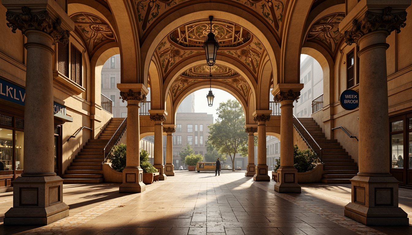 Prompt: Earth-toned metro station, Romanesque arches, ornate columns, warm beige walls, terracotta flooring, rustic stone textures, vintage metal lanterns, intricate mosaics, grand staircases, high ceilings, dramatic lighting, atmospheric shadows, rich wood accents, elegant typography, classic signage, urban cityscape, morning rush hour, soft natural light, shallow depth of field, 1/2 composition, realistic reflections.