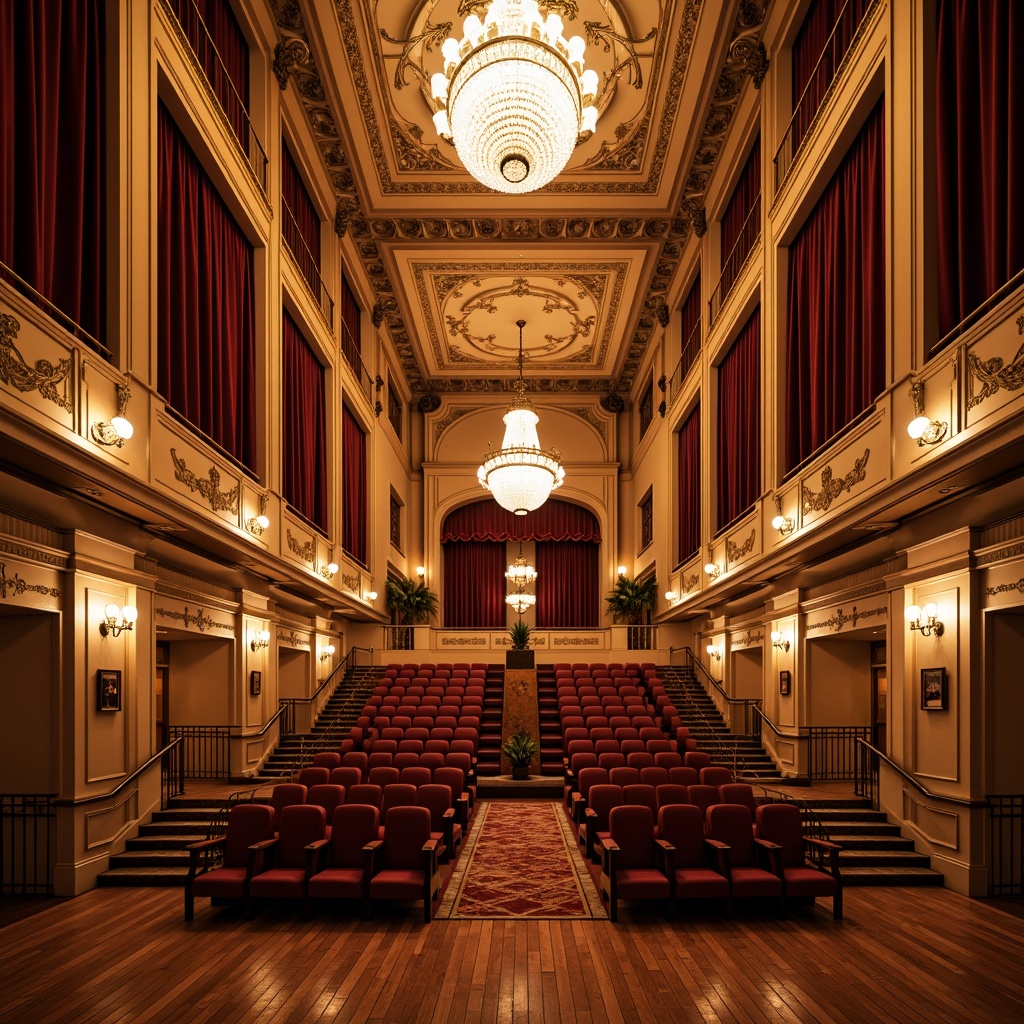 Prompt: Grand auditorium, ornate chandeliers, intricate moldings, luxurious velvet curtains, polished wooden floors, elegant staircases, majestic balconies, ornamental railings, gilded accents, crystal sconces, plush seating areas, richly patterned carpets, dramatic spotlights, warm golden lighting, shallow depth of field, 1/2 composition, symmetrical framing, realistic textures, ambient occlusion.