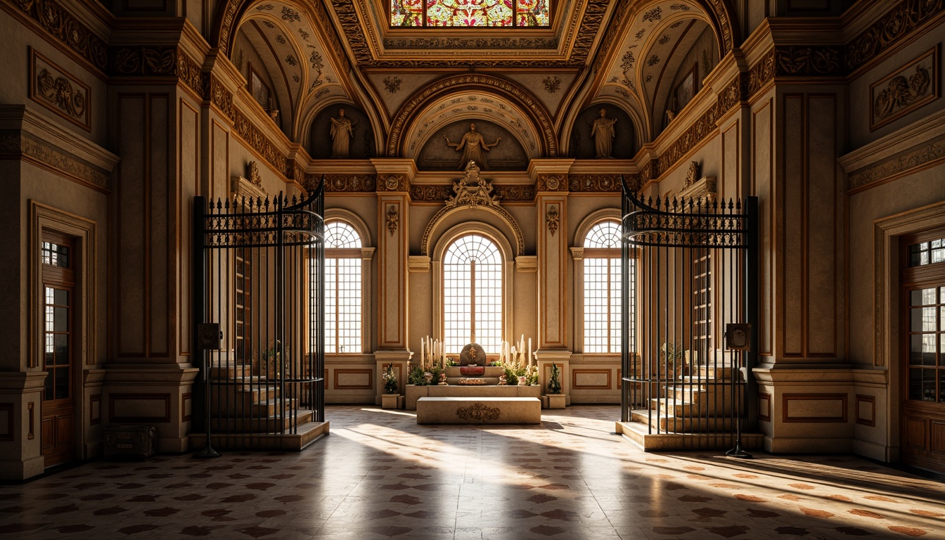 Prompt: Sacred temple, grand entrance, ornate gates, symmetrical layout, central altar, vaulted ceilings, stained glass windows, intricate mosaics, golden accents, marble floors, solemn atmosphere, natural light pouring, soft warm glow, shallow depth of field, 1/1 composition, realistic textures, ambient occlusion, peaceful ambiance, spiritual essence.