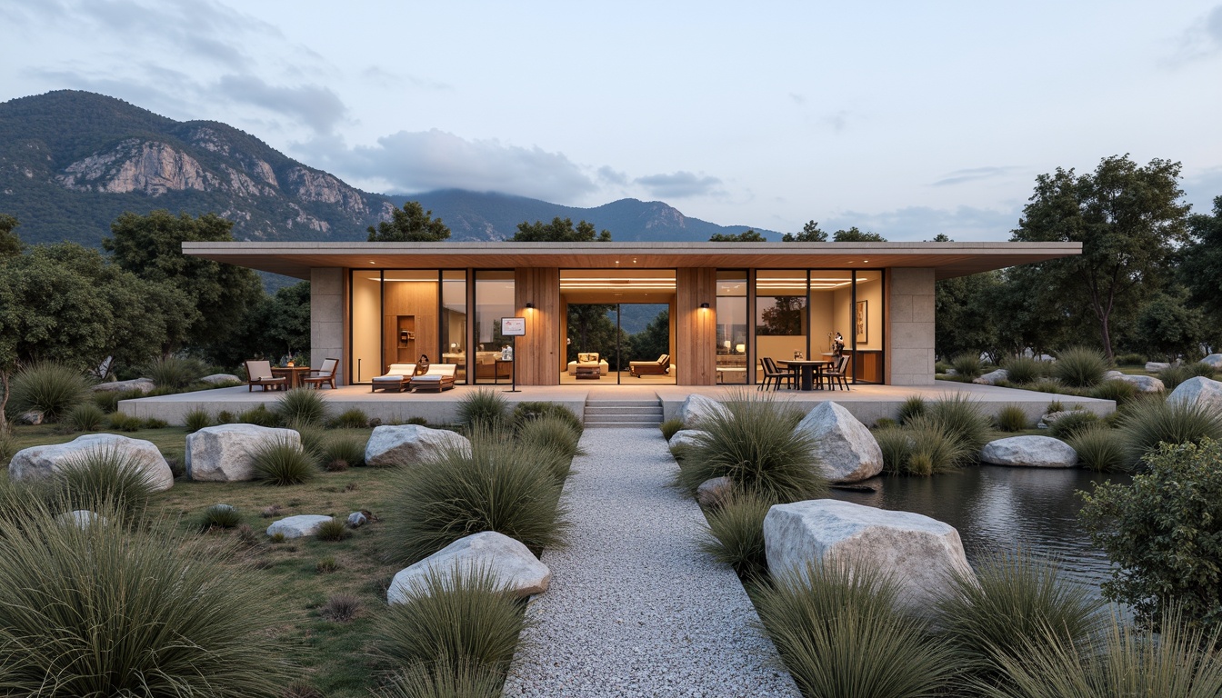 Prompt: Sleek visitor center, minimalist architecture, natural stone walls, large glass windows, sliding doors, open floor plan, low-profile roofs, subtle lighting, native plant species, gravel pathways, weathered wood accents, simple signage, organic shapes, earthy color palette, seamless integration with surroundings, panoramic views, shallow depth of field, 3/4 composition, realistic textures, ambient occlusion.