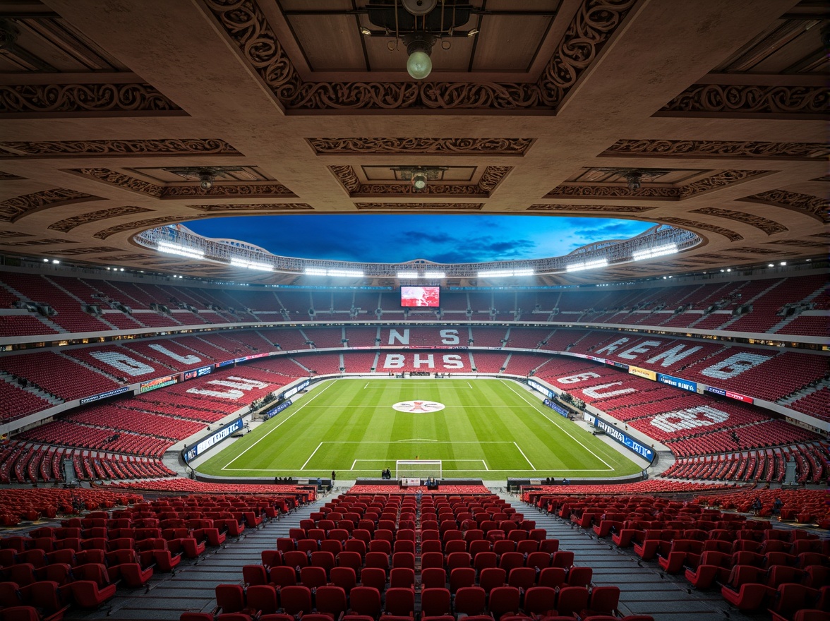 Prompt: Luxurious football stadium, Romanesque architecture, ornate stone carvings, grandiose archways, vibrant team colors, plush velvet seats, intricate patterned rugs, richly textured upholstery, metallic accents, dramatic spotlights, warm ambient lighting, 1/1 composition, shallow depth of field, realistic fabric simulations, detailed stitching, soft focus blur, atmospheric misting effects.