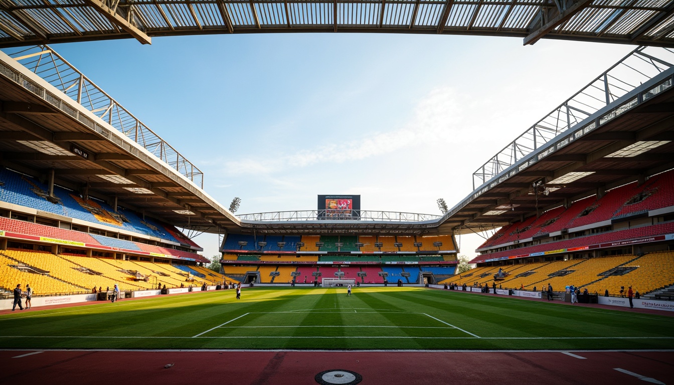 Prompt: Vibrant soccer stadium, bold team colors, dynamic seating areas, lush green grass, athletic track, modern architecture, sleek metal structures, transparent roofs, retractable canopies, floodlighting systems, evening ambiance, warm golden lighting, shallow depth of field, 1/1 composition, realistic textures, ambient occlusion, energetic atmosphere, cheering crowds, sports branding elements.