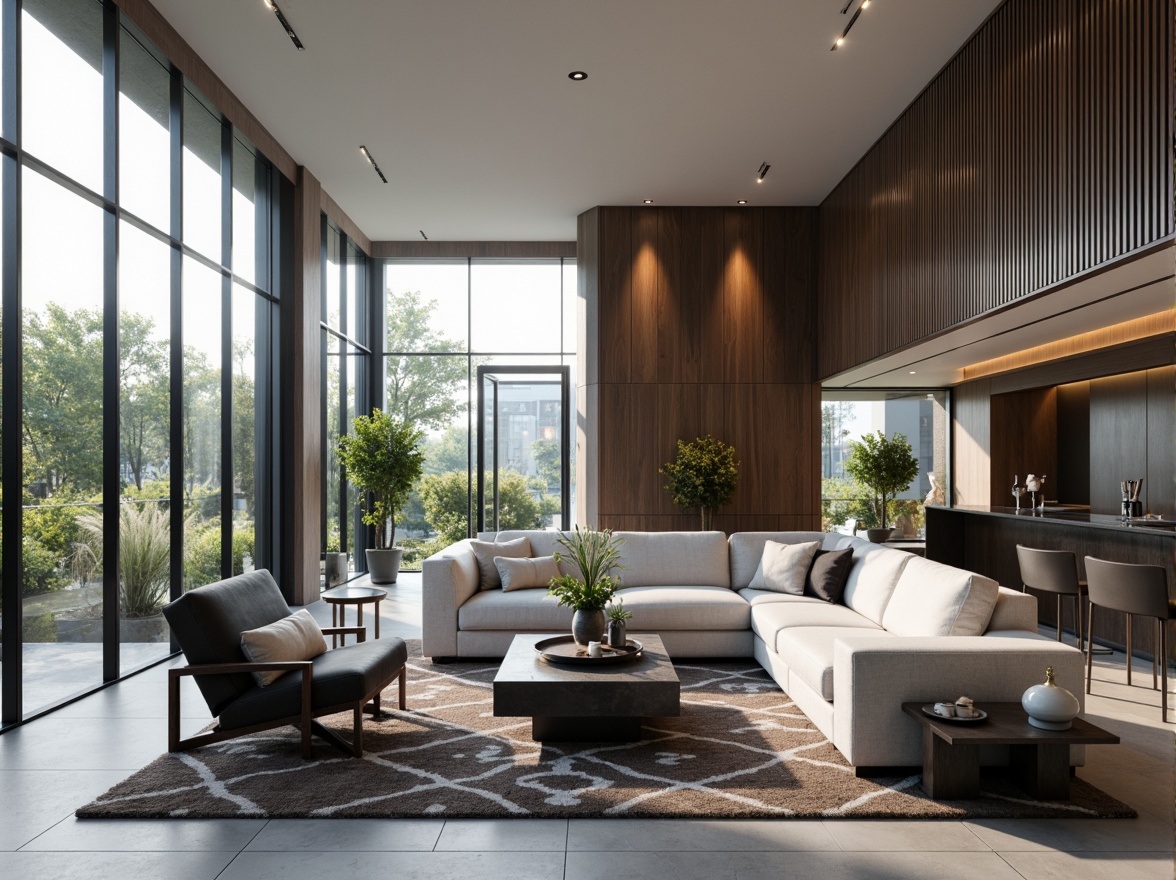 Prompt: Modern living room, minimalist decor, sleek lines, monochromatic color scheme, floor-to-ceiling windows, natural light pouring in, comfortable seating area, plush sofas, geometric-patterned rugs, industrial-chic coffee table, greenery accents, ambient lighting, soft warm glow, shallow depth of field, 3/4 composition, panoramic view, realistic textures, ambient occlusion.