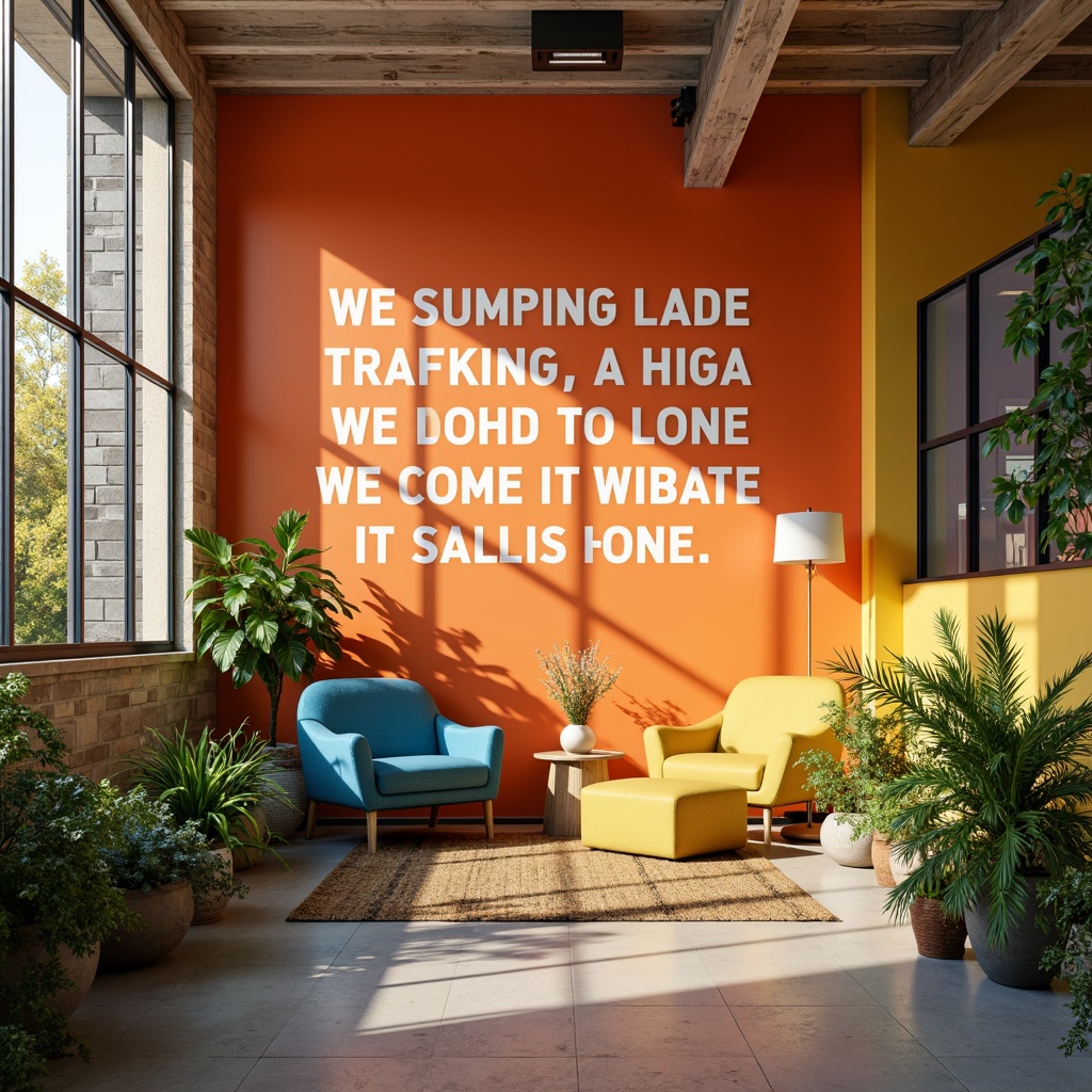 Prompt: Vibrant motivational space, bold typography, energetic orange hues, uplifting yellow accents, calming blue undertones, inspiring quotes, modern minimalist decor, sleek metallic frames, natural wood textures, abundant greenery, refreshing morning light, soft focus, shallow depth of field, 1/1 composition, realistic renderings, ambient occlusion.