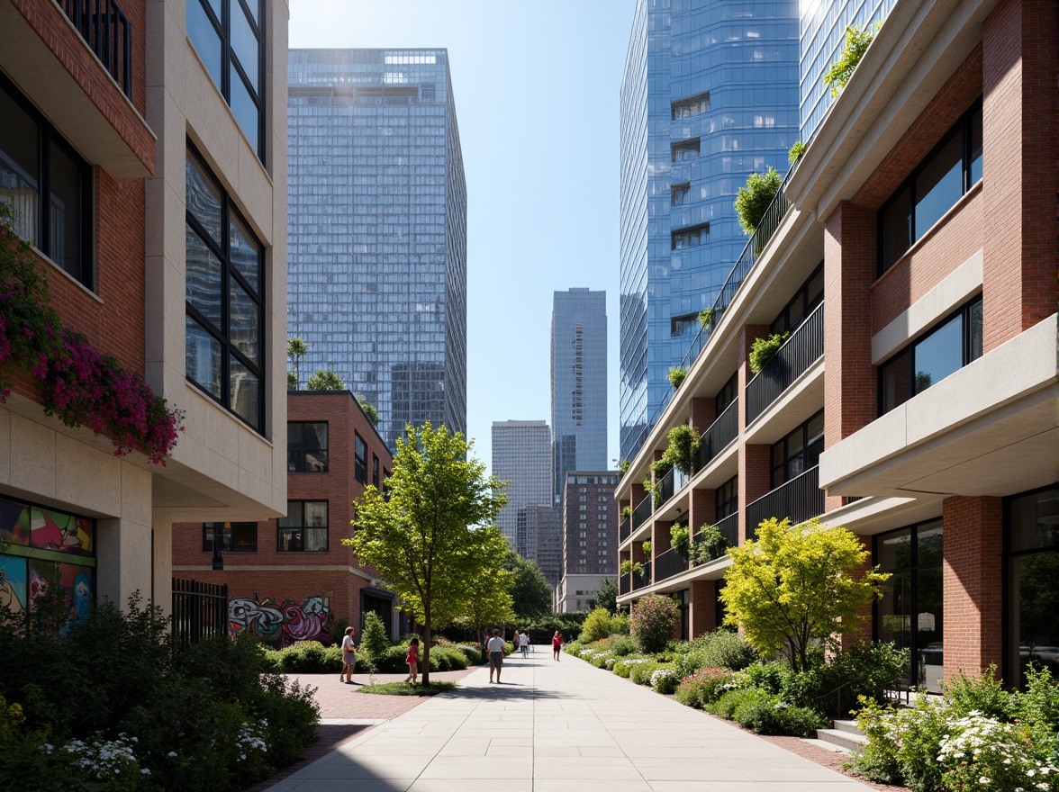 Prompt: Urban cityscape, modern skyscrapers, sleek glass towers, bustling streets, vibrant street art, graffiti murals, concrete sidewalks, steel railings, urban parks, lush greenery, blooming flowers, warm sunny day, soft natural lighting, shallow depth of field, 3/4 composition, panoramic view, realistic textures, ambient occlusion, bold bright colors, deep blues, rich yellows, muted grays, earthy tones, industrial materials, metallic accents, neon signs, dynamic color contrasts.