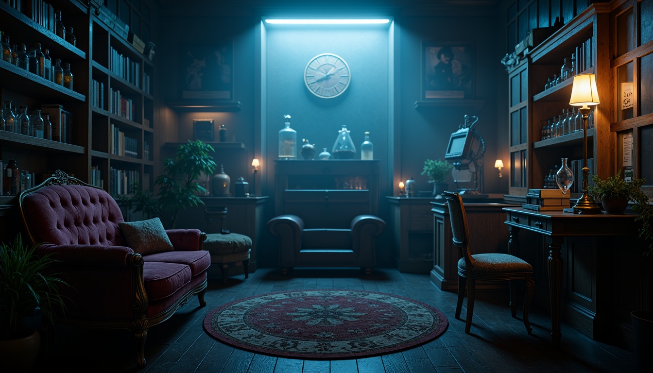 Prompt: Dark mysterious atmosphere, Prussian blue dominant color scheme, rich velvet fabrics, ornate gold accents, antique furniture pieces, vintage scientific instruments, dimly lit laboratory setting, foggy misty background, eerie ambient lighting, shallow depth of field, 1/1 composition, realistic textures, subtle grain effect.