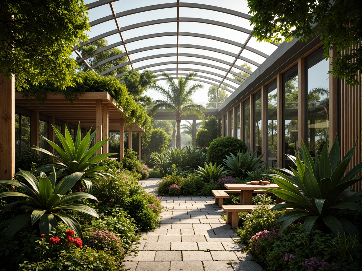 Prompt: Lush tropical plants, exotic flowers, natural stone pathways, wooden trellises, curved glass roofs, steel frames, modern minimalist architecture, abundant sunlight, soft warm illumination, shallow depth of field, 1/1 composition, realistic textures, ambient occlusion, misty atmosphere, dew droplets on leaves, vibrant green hues, earthy tones, organic shapes, sustainable materials, eco-friendly systems, innovative ventilation technologies, shaded outdoor spaces.