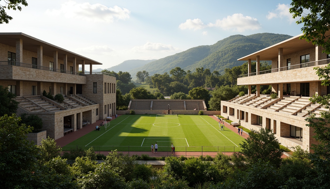 Prompt: Rustic football stadium, Romanesque architecture, stone walls, arched windows, green roofs, lush vegetation, rolling hills, natural scenery, serene atmosphere, warm sunny day, soft diffused lighting, shallow depth of field, 3/4 composition, panoramic view, realistic textures, ambient occlusion, tiered seating, grassy fields, athletic tracks, goalposts, scoreboard, floodlights, spectator stands, VIP lounges, concession booths, modern amenities.