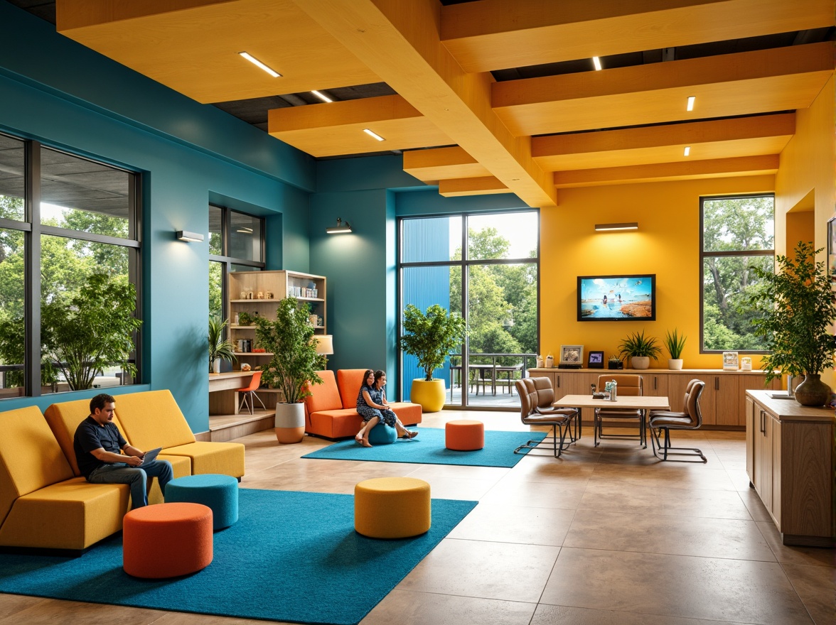 Prompt: Vibrant creative learning space, bold color scheme, stimulating yellow accents, calming blue undertones, energetic orange hues, inspiring greenery, natural wood textures, modern minimalist furniture, sleek metal legs, comfortable cushioned seating, collaborative workstations, interactive whiteboards, innovative technology integration, abundant natural light, soft warm glow, shallow depth of field, 3/4 composition, panoramic view, realistic textures, ambient occlusion.