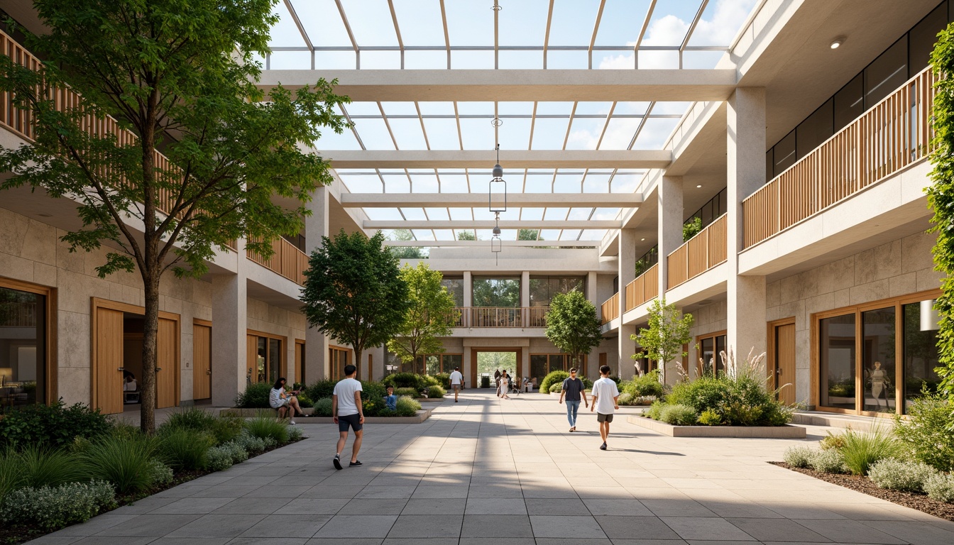 Prompt: Vibrant community center, open atrium, clerestory windows, skylights, transparent roofs, natural stone walls, wooden accents, minimalist interior design, abundant greenery, living walls, vertical gardens, warm earthy tones, soft diffused lighting, shallow depth of field, 1/1 composition, panoramic view, realistic textures, ambient occlusion.