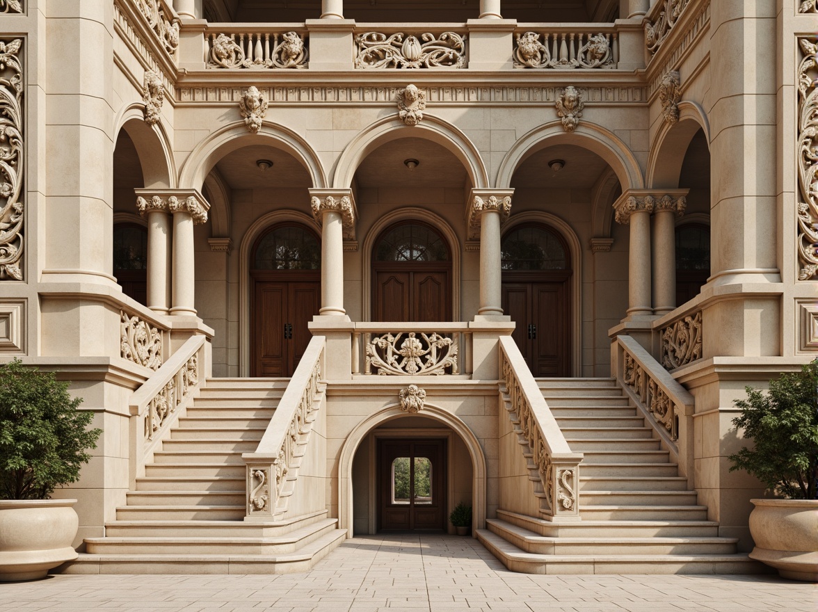 Prompt: Grandiose building facade, ornate columns, intricately carved details, symmetrical composition, classical arches, rusticated stone walls, grand entranceways, sweeping staircases, elegant balustrades, refined moldings, subtle ornamentation, muted earthy tones, warm beige stonework, soft natural lighting, shallow depth of field, 2/3 composition, realistic textures, ambient occlusion.