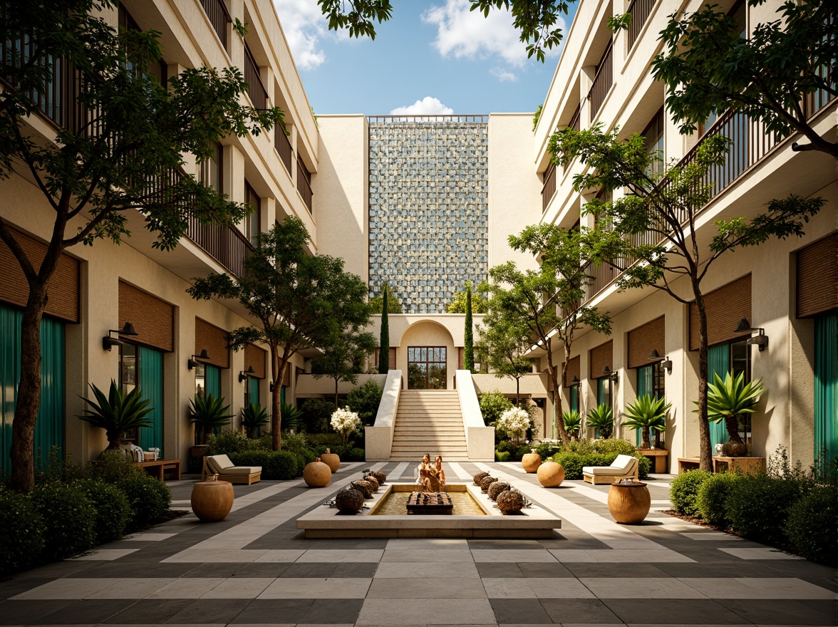 Prompt: Luxurious Art Deco building, ornate metalwork, geometric patterns, vibrant turquoise accents, lush greenery, tropical palm trees, sun-kissed courtyard, elegant fountain, grand staircase, opulent chandeliers, lavish textiles, metallic sheen, warm golden lighting, shallow depth of field, 1/1 composition, symmetrical framing, realistic reflections, ambient occlusion.