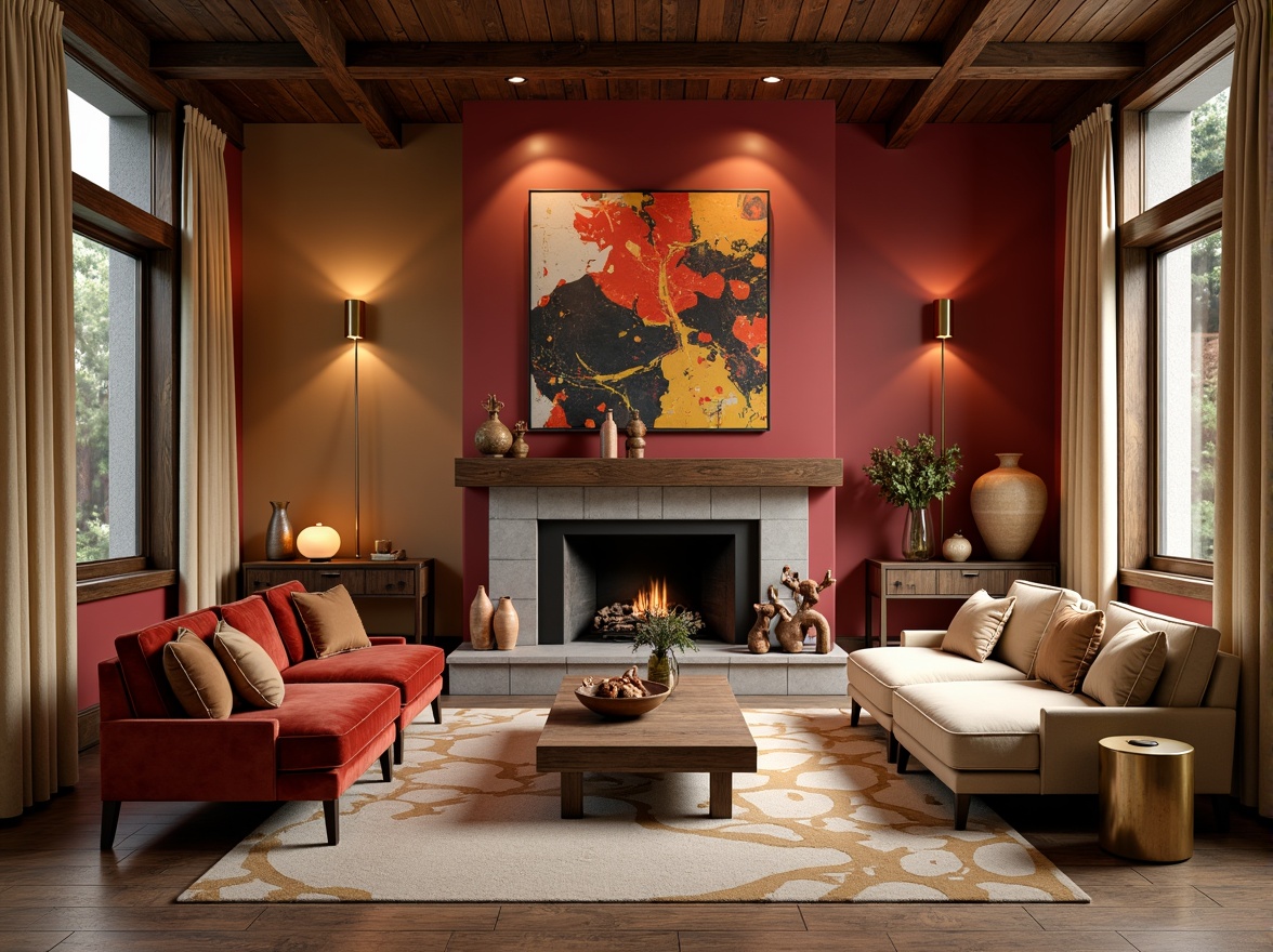 Prompt: Vibrant living room, bold accent walls, rich wood furniture, plush velvet sofas, metallic gold lighting fixtures, soft cream-colored carpets, natural stone fireplaces, earthy terracotta vases, warm beige curtains, eclectic artwork, abstract geometric patterns, moody atmospheric colors, dramatic shadows, 1/2 composition, cinematic lighting, realistic textures, ambient occlusion.