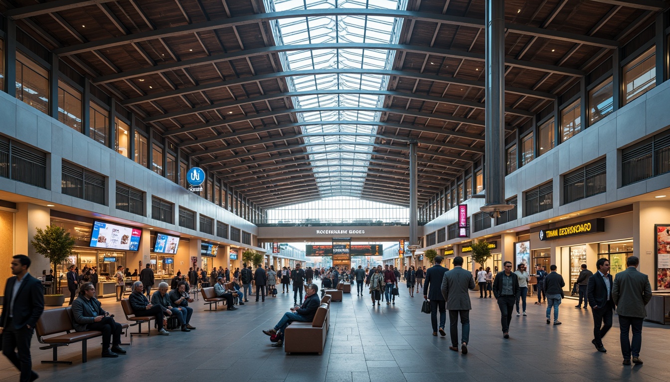 Prompt: Busy train station, modern architecture, sleek metal beams, large glass roofs, natural stone floors, vibrant signage, electronic displays, ticketing machines, waiting areas, comfortable seating, luggage racks, commercial shops, food courts, pedestrian walkways, elevated platforms, staircases, escalators, clear wayfinding signs, efficient crowd control, morning rush hour, soft warm lighting, shallow depth of field, 3/4 composition, panoramic view, realistic textures, ambient occlusion.