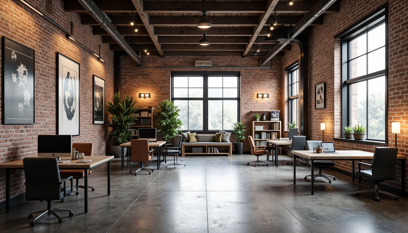 Prompt: Exposed brick walls, polished concrete floors, industrial metal beams, minimalist decor, modern sleek lines, open-plan layout, functional workstations, ergonomic chairs, reclaimed wood accents, Edison bulb lighting, urban loft atmosphere, natural textiles, monochromatic color scheme, abstract artwork, geometric patterns, metallic finishes, airy high ceilings, abundant natural light, 1/1 composition, softbox lighting, realistic reflections.