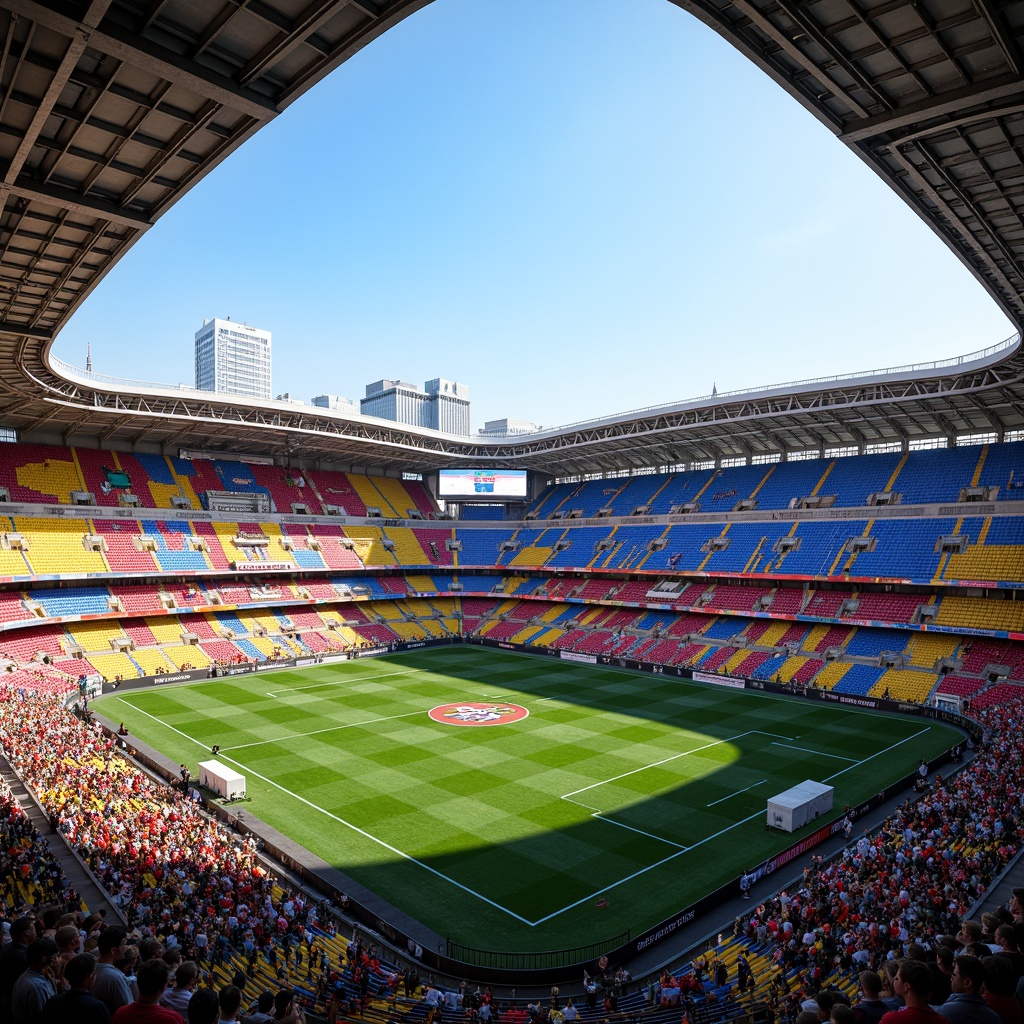 Prompt: Vibrant soccer stadium, bold team colors, dynamic LED lighting, sleek modern architecture, curved lines, angular shapes, green grass fields, white goalposts, colorful spectator seats, energetic atmosphere, sunny day, clear blue sky, urban cityscape, concrete structures, steel beams, glass facades, abstract patterns, geometric shapes, futuristic design, high-tech amenities, advanced scoreboard systems, dynamic sound effects, panoramic views, shallow depth of field, 3/4 composition.