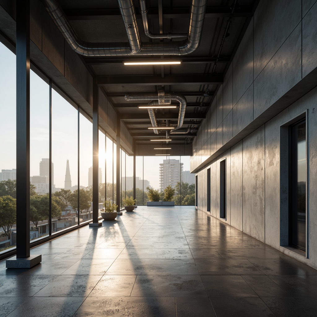 Prompt: Minimalist building facade, clean lines, monochromatic color scheme, industrial materials, exposed ductwork, polished concrete floors, floor-to-ceiling windows, natural light pouring in, soft warm glow, subtle shadows, recessed lighting fixtures, hidden LED strips, ambient illumination, 1/1 composition, shallow depth of field, realistic textures, soft focus, morning sunlight, urban cityscape.