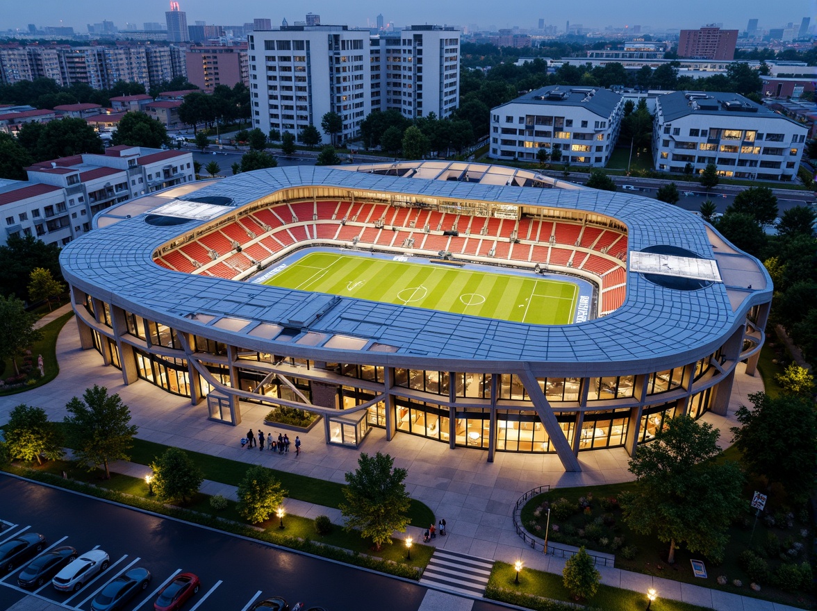 Prompt: Vibrant football stadium, social housing complex, curved lines, dynamic shapes, bold color schemes, metallic materials, LED lighting systems, cantilevered roofs, open-air balconies, communal green spaces, recreational facilities, community centers, public art installations, urban landscape integration, modern architecture, angular fa\u00e7ades, transparent glass walls, sleek steel beams, atmospheric evening lighting, shallow depth of field, 1/2 composition, realistic textures, ambient occlusion.