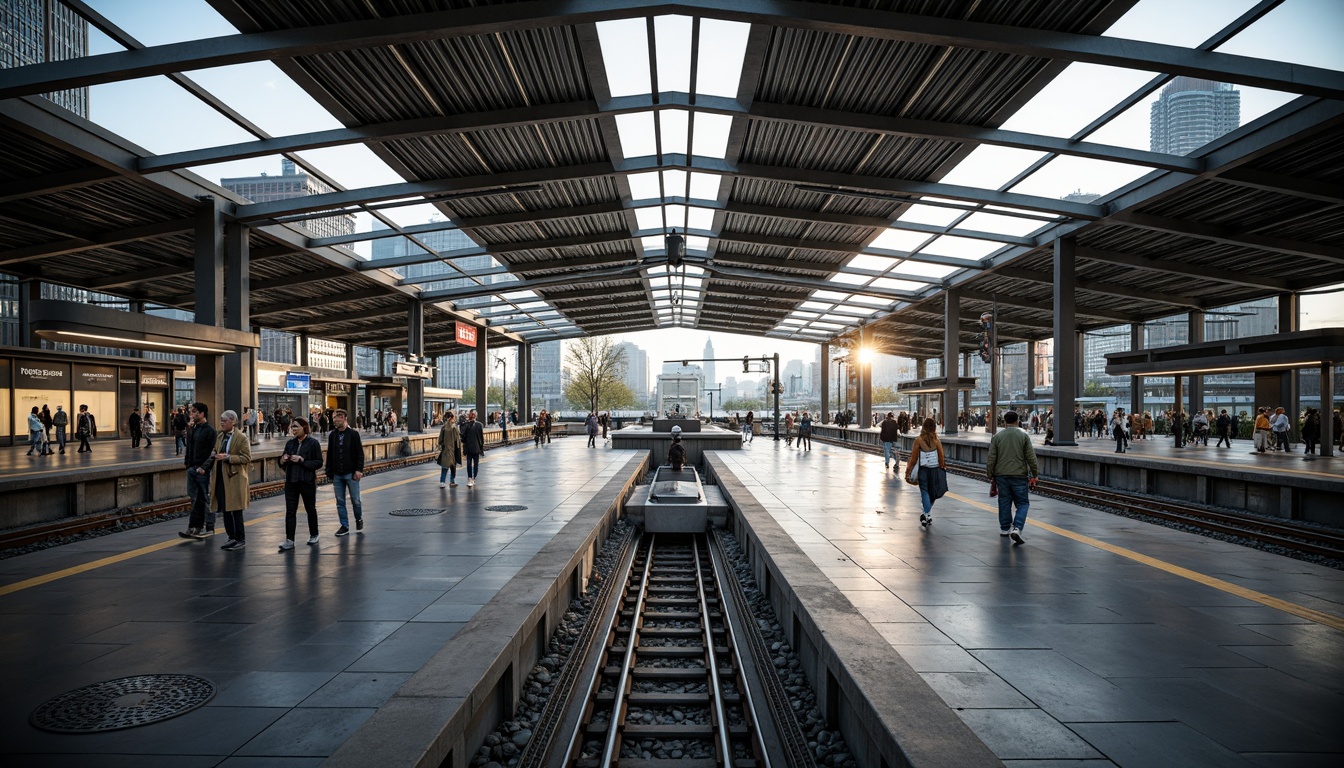 Prompt: Modern train station, steel framework, industrial aesthetic, exposed ductwork, metallic beams, sleek glass roofs, cantilevered canopies, urban landscape, bustling atmosphere, morning rush hour, natural light pouring in, shallow depth of field, 1/2 composition, realistic reflections, ambient occlusion, detailed textures, vibrant city sounds.