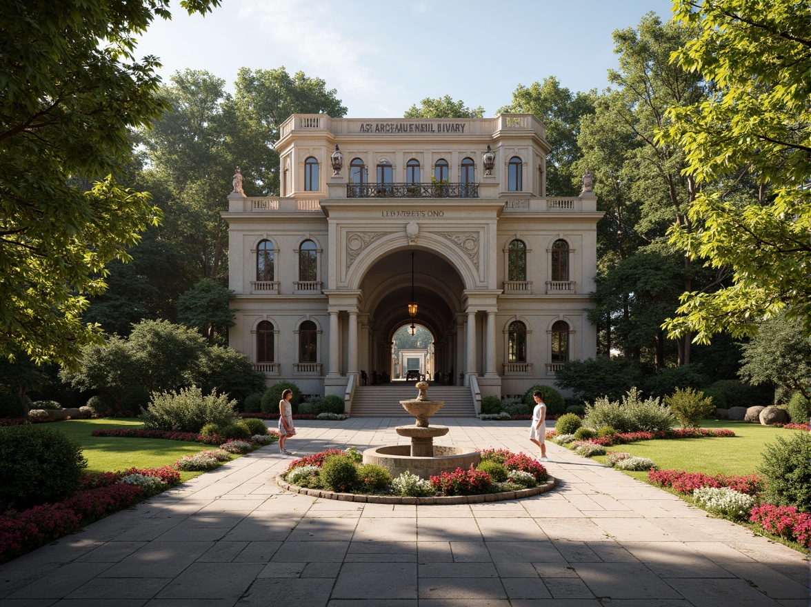 Prompt: Renaissance-style library, grand entrance, ornate stone carvings, symmetrical gardens, manicured lawns, walking paths, ornamental fountains, statues, lanterns, seasonal flower arrangements, lush greenery, vibrant blooming flowers, tranquil atmosphere, soft natural lighting, warm afternoon sun, 1/2 composition, shallow depth of field, realistic textures, ambient occlusion.