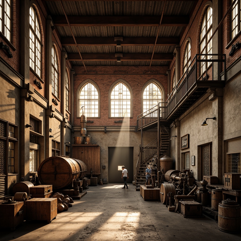 Prompt: Rustic industrial factory, Romanesque fa\u00e7ade, arched windows, ornate stone carvings, distressed brick walls, metal cladding, corrugated roofing, vintage machinery, exposed ductwork, reclaimed wood accents, earthy color palette, warm golden lighting, dramatic shadows, 1/2 composition, low-angle shot, realistic textures, ambient occlusion.