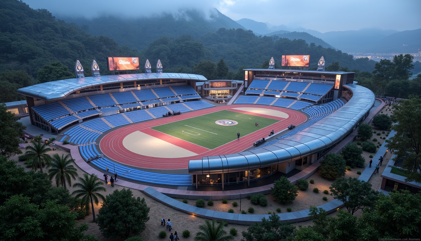 Prompt: Futuristic sports complex, undulating terrain, neon-lit athletic tracks, sleek metallic bleachers, holographic scoreboards, iridescent stadium roofs, glowing accents, vibrant LED lighting, misty atmospheric effects, shallow depth of field, 3/4 composition, panoramic view, realistic textures, ambient occlusion, lush greenery, tropical plants, palm trees, sandy pathways, winding water features, futuristic sculptures, abstract geometric patterns, dynamic kinetic architecture, wind-swept curves, aerodynamic lines.