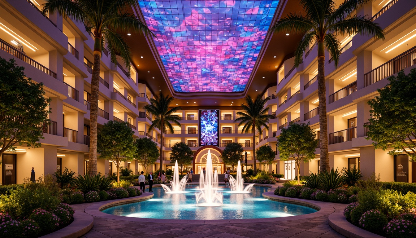 Prompt: Vibrant casino complex, lush tropical gardens, exotic palm trees, sparkling water features, grand entrance fountains, luxurious resort architecture, modern regionalist design, curved lines, ornate decorations, lavish interior spaces, opulent chandeliers, rich wood accents, bold colorful patterns, dynamic lighting effects, shallow depth of field, 1/1 composition, panoramic view, realistic textures, ambient occlusion.