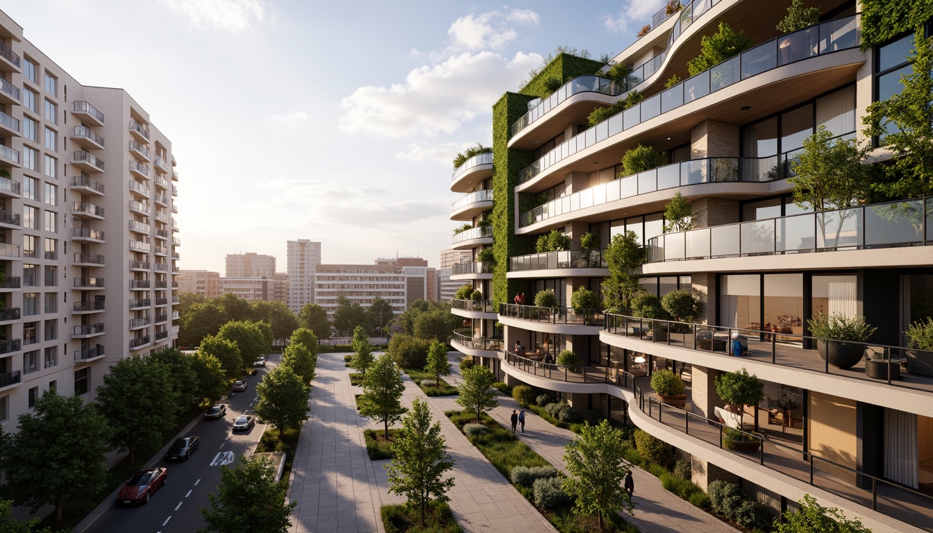 Prompt: Vibrant apartment complex, fusion architecture, modern fa\u00e7ade design, sleek glass balconies, metallic accents, urban cityscape, bustling streets, morning sunlight, soft warm lighting, shallow depth of field, 3/4 composition, panoramic view, realistic textures, ambient occlusion, lush green roofs, vertical gardens, living walls, eco-friendly materials, innovative insulation systems, minimalist interior design, open-plan living spaces, floor-to-ceiling windows, sliding glass doors, cozy reading nooks, plush furnishings.