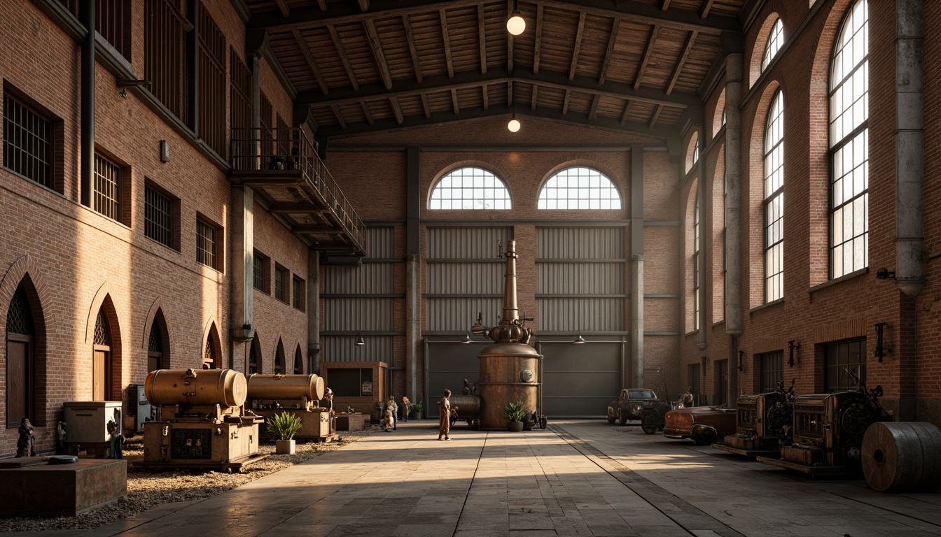 Prompt: Rustic industrial factory, Romanesque fa\u00e7ade, arched windows, ornate stone carvings, distressed brick walls, metal cladding, corrugated roofing, vintage machinery, exposed ductwork, reclaimed wood accents, earthy color palette, warm golden lighting, dramatic shadows, 1/2 composition, low-angle shot, realistic textures, ambient occlusion.