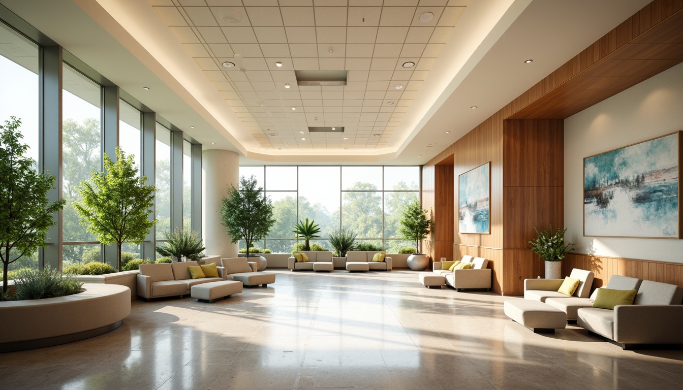 Prompt: Serene hospital interior, abundant natural light, floor-to-ceiling windows, greenery views, calming atmosphere, warm wood accents, soft pastel colors, gentle curves, minimalist decor, comfortable seating areas, quiet reading nooks, soothing water features, peaceful artwork, natural stone flooring, warm beige walls, modern medical equipment, sleek metal fixtures, subtle ambient lighting, shallow depth of field, 1/1 composition, realistic textures, ambient occlusion.