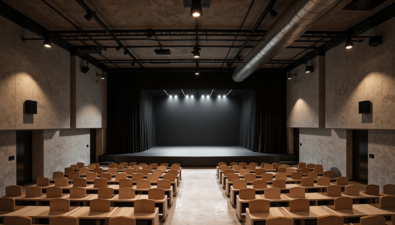 Prompt: Minimalist theater interior, concrete floors, industrial metal beams, exposed ductwork, simple wooden seats, sleek black stage, subtle LED lighting, dramatic spotlights, acoustic panels, sound-absorbing materials, neutral color palette, monochromatic tones, clean lines, minimal ornamentation, functional simplicity, urban loft atmosphere, high ceilings, open space, flexible seating arrangements, movable partitions, versatile performance areas, warm ambient glow, soft shadows, 1/1 composition, realistic textures, subtle reflections.