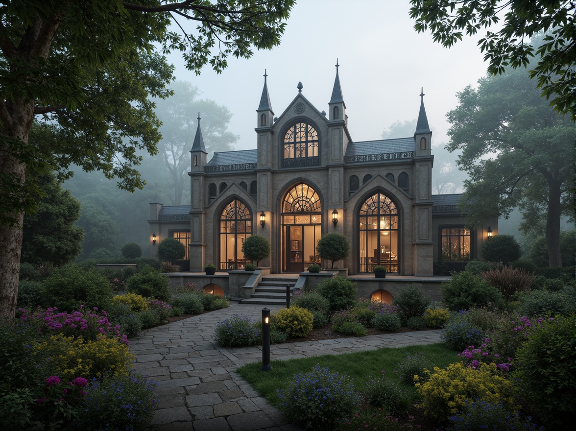 Prompt: Majestic villa, Gothic architectural style, grandiose entrance gates, ornate stone carvings, mystical forest surroundings, twisted tree branches, misty atmosphere, soft warm lighting, shallow depth of field, 3/4 composition, panoramic view, realistic textures, ambient occlusion, lush greenery, vibrant flowers, winding stone pathways, serene water features, rustic wooden bridges, mysterious fog effects, dramatic cloud formations, intricate stonework patterns, ornate metal decorations.