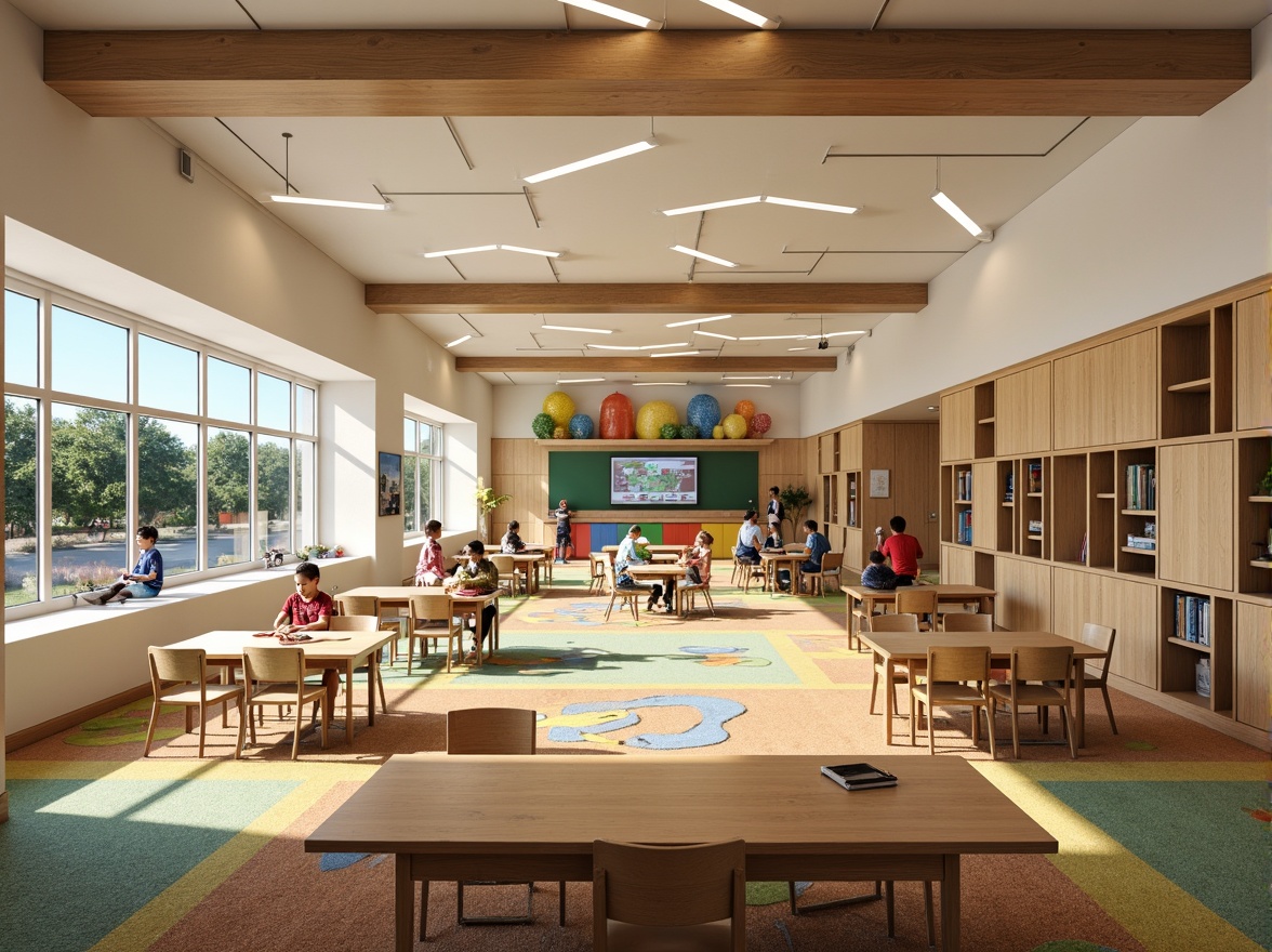 Prompt: Vibrant elementary school, colorful lockers, wooden classroom furniture, soft carpeted floors, acoustic ceiling tiles, natural stone walls, large windows, abundant daylight, eco-friendly materials, sustainable design, modern architecture, curved lines, playful patterns, educational displays, interactive whiteboards, collaborative learning spaces, flexible seating arrangements, cozy reading nooks, warm lighting, shallow depth of field, 3/4 composition, panoramic view, realistic textures, ambient occlusion.